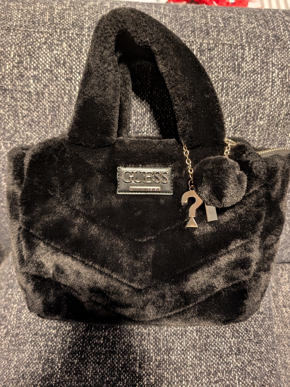 GUESS Black Faux-Fur Tote with Charm and Logo